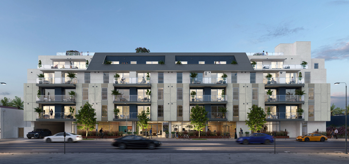 Rendering of the 2121 Westwood project, looking from the east side of the street.